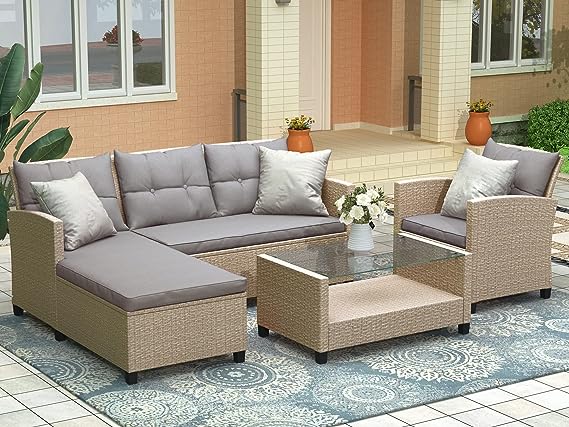 4-Pieces Outdoor Wicker Sofa Set, Patio Furniture with Colorful Pillows