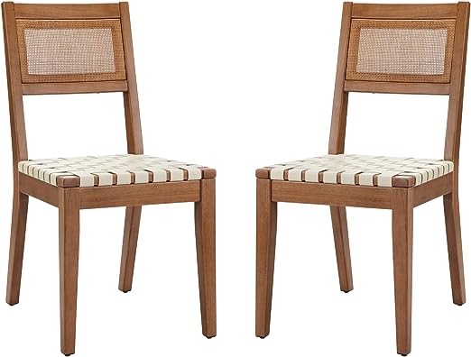 Faux Leather Woven Dining Chair with Wood Frame, Set of 2