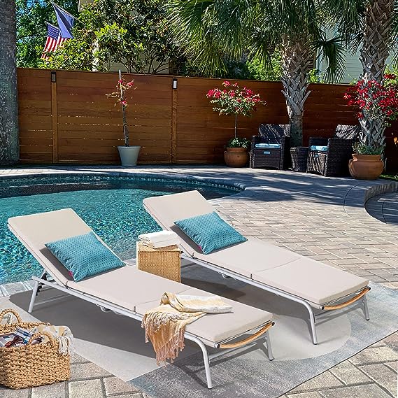 Patio Chaise Lounge 2 Sets with 5 Backrest Angles, Single Adjustable Patio Wicker Lounge Chair