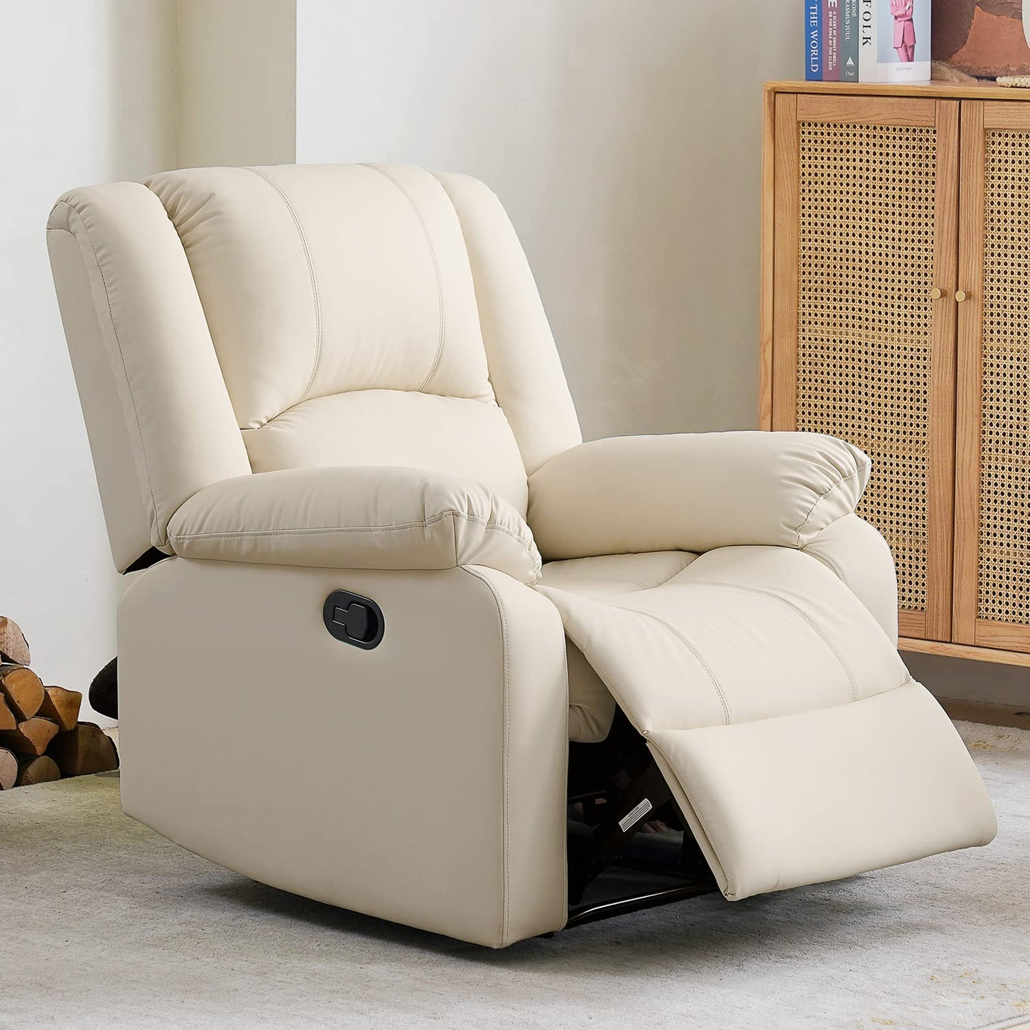 Beige genuine leather recliner chair with footrest extended

