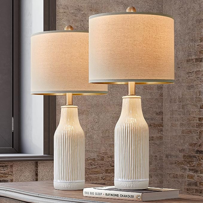 20.5 inches Modern Ceramic White Bedside Lamp Set of 2