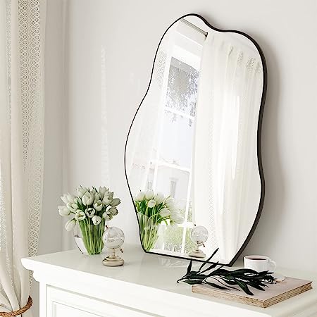 Irregular Wall Mirror Black Asymmetrical Bathroom Mirror Wood Framed Modern Decorative Vanity Mirrors