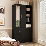 Modern Armoire Wardrobe with Mirror & Sliding Hanging Rod, 2 Door Wardrobe with Drawers & Shelves