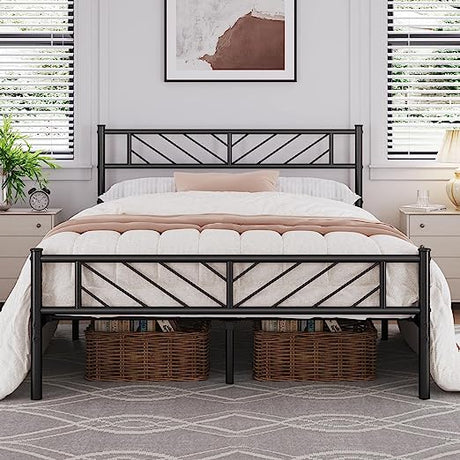 Metal Platform Bed with Arrow Design Headboard and Footboard