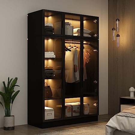 Bedroom Armoire Wardrobe Closet with Glass Doors & Lights, Armoires and Wardrobes with Shelves, Hanging Rod