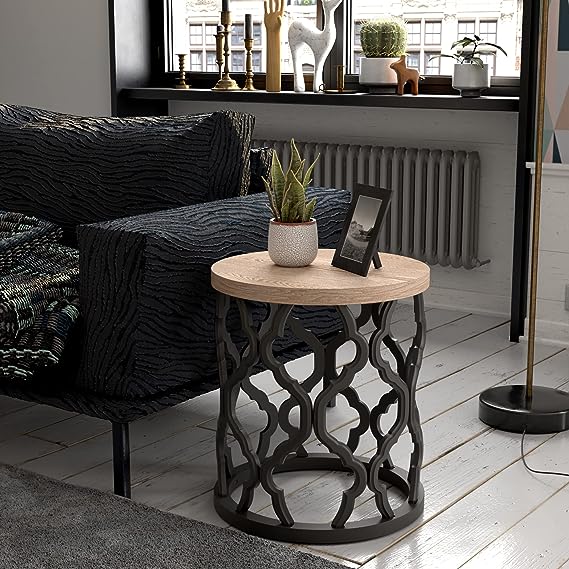 Farmhouse End Table, Distressed Wood Top Side Table with Curved Motif Frame Base