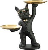 Cool Resin Dog Statue Black 2 Metal Trays with Cute Glasses French Bulldog Figurine Sculptures