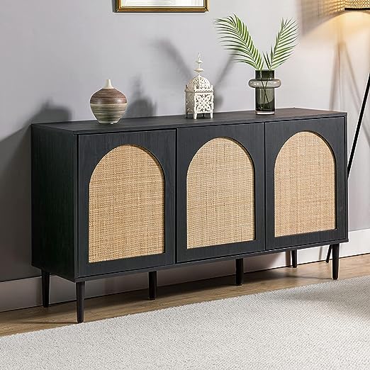 Rattan Sideboard Buffet Cabinet with 3 Doors & Shelves