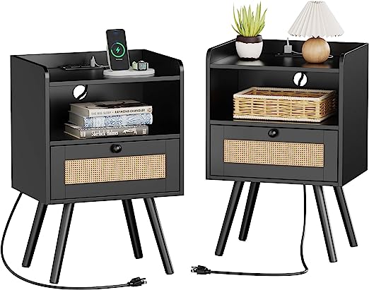 Nightstands Set of 2, Night Stands with Charging Station & PE Rattan Decor Drawer, Bed Side Tables with Solid Wood Feet