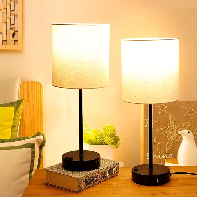 Bedside Lamps Set 2, 3 Way Full Dimming lamp with USB Ports