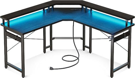 L Shaped Gaming Desk with LED Lights & Power Outlets, 51" Computer Desk