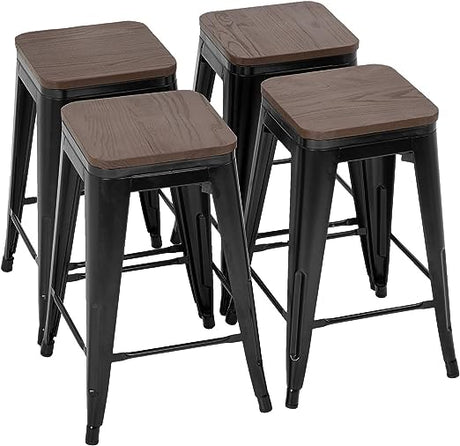 24 Inches Metal Bar Stools Set of 4 Counter Height Wood Seat Barstool Patio Stool