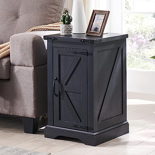 Nightstand with Charging Station, Rectangular Farmhouse End Table with Barn Door and Adjustable Storage Shelf