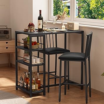 Bar Table and Chairs Set for 2 with 3 Storage Shelves, Modern Pub Table Set