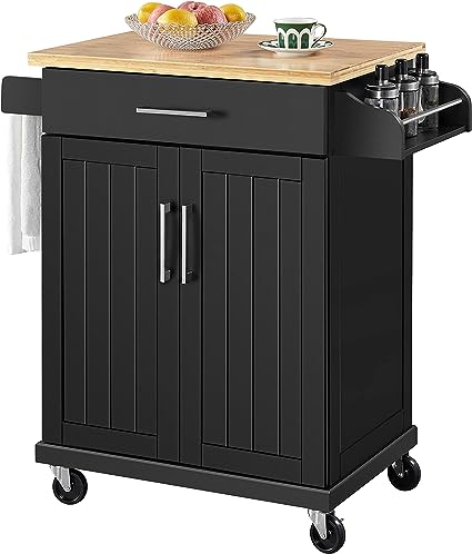 Kitchen Cart with Spice Rack Towel Holder, Kitchen Island Bamboo Tabletop