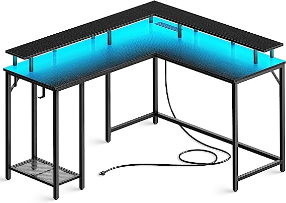L Shaped Gaming Desk with Power Outlets & LED Lights, Computer Desk