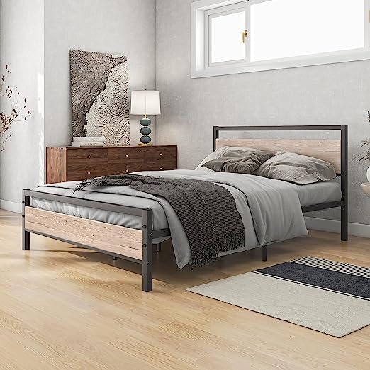 Full Size Bed Frame with Wood Headboard and Footboard/Heavy Duty Platform Bed Frame