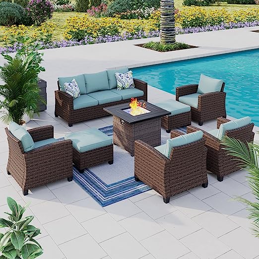 8 Pieces Wicker Patio Furniture Set with Fire Pit Table