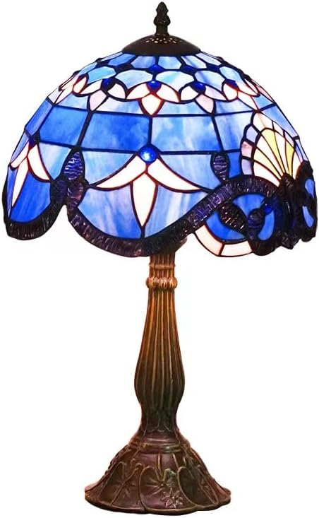 Tiffany Table Lamp Blue Stained Glass Style Vintage