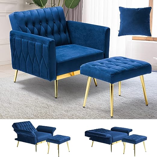 Velvet Accent Chair with Adjustable Armrests and Backrest, Button Tufted Chair