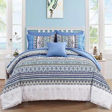 Boho Comforter Set Full Size 8 Piece Bed in a Bag Bohemian Striped Bedding Quilt Set Aqua Paisley