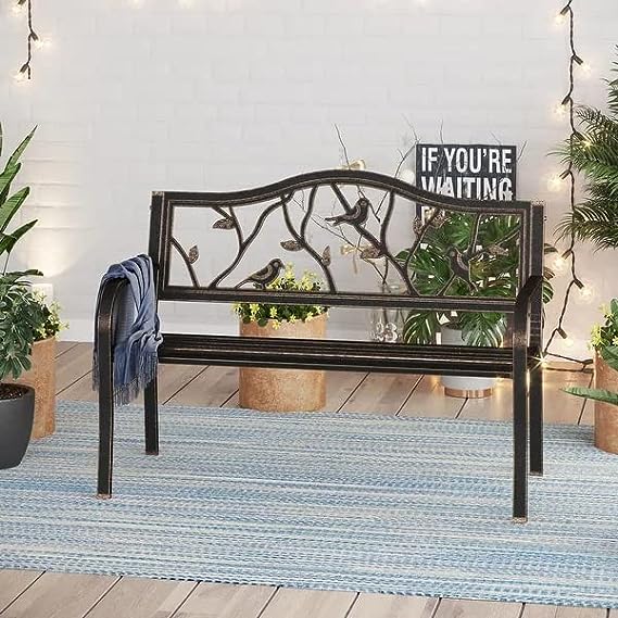 50-Inch Cast Iron Steel Frame Garden Bench Outdoor Chair w/Floral