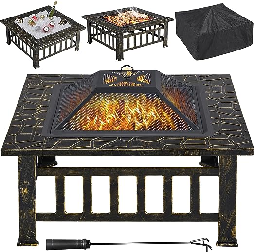 Multifunctional Table 32in Square Firepit Stove Backyard Garden Fireplace