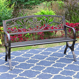 50 Inches Outdoor Garden Bench ,Cast Iron Metal Frame Patio Park Bench with Floral Pattern