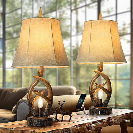 Rustic Farmhouse Antlers Table Lamp Set of 2