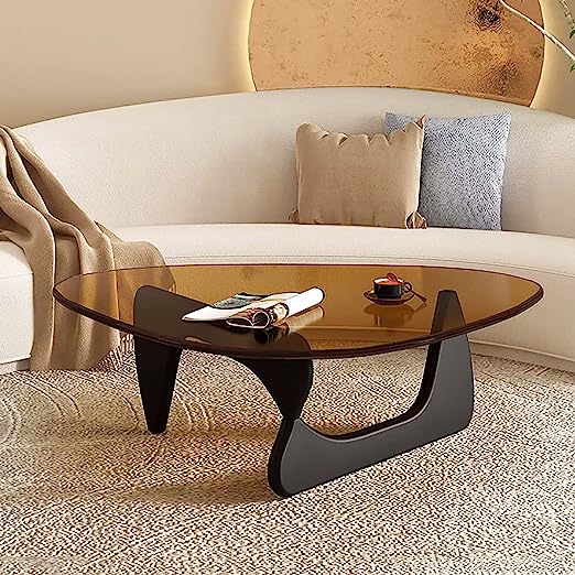 Triangle Coffee Table, Mid-Century Modern Coffee Table Wood Base Glass top, Abstract Glass Coffee Table