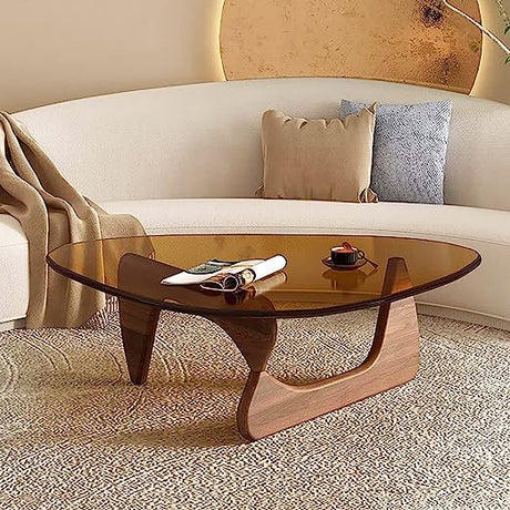 Triangle Coffee Table, Mid-Century Modern Coffee Table Wood Base Glass top