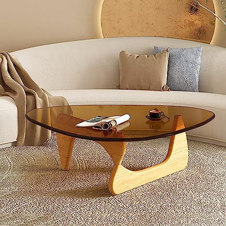 Triangle Coffee Table, Mid-Century Modern Coffee Table Wood Base Glass top