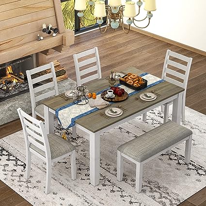 6 Piece Dining Table Set Farmhouse Style Soild Wood Kitchen