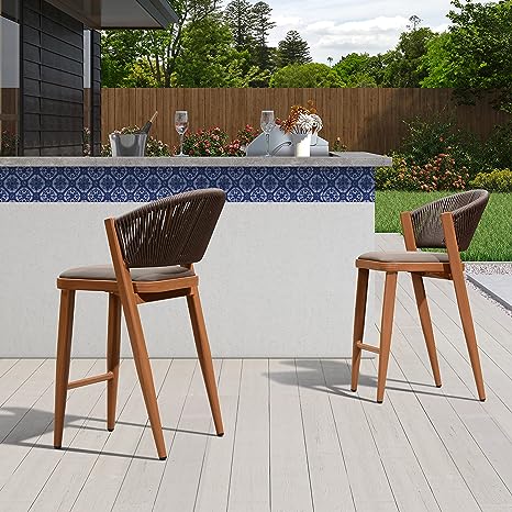 Counter Height Bar Stool Set of 2 Modern Aluminum Rattan Wicker Outdoor Barstools