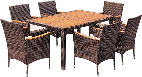 Dining 7 PCS Furniture, Patio Conversation Set with Acacia Wood Table Top
