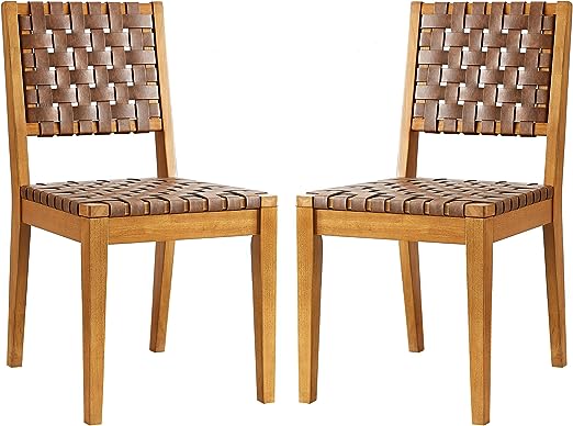 Faux Leather Woven Dining Chair with Wood Frame, Set of 2