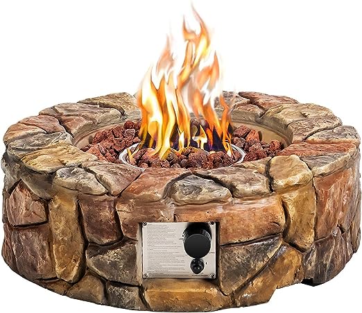 Gas Fire Pit, 28 Inch 40,000 BTU Propane Fire Outdoor w/Natural Stone