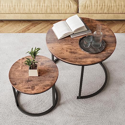 Industrial Round Coffee Table Set of 2 End Table for Living Room, Stacking Side Tables