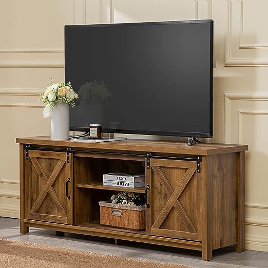 Modern Farmhouse TV Stand with Sliding Barn Doors, Console Table