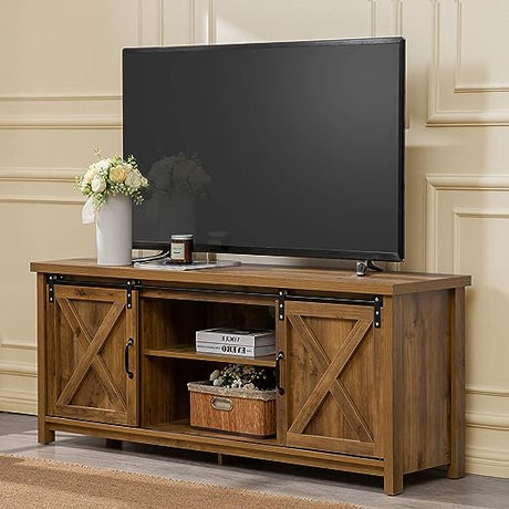 Modern Farmhouse TV Stand with Sliding Barn Doors, Console Table