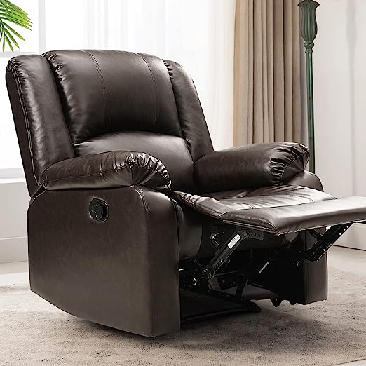 Genuine Leather Recliner Chair with Overstuffed Arm and Back, Soft Living Room Chair Home Theater Lounge Seat