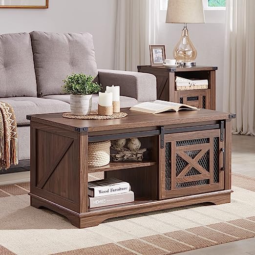 Rustic Center Table with Dual Side Sliding Barn Doors and Storage Cabinets Shelves