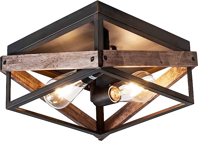Flush Mount Light Fixture, 2-Light Rustic Ceiling Light Combine with Metal and Wood Frame