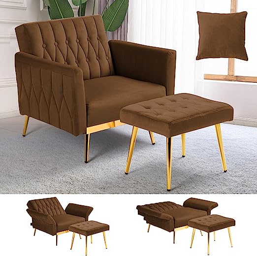 Velvet Accent Chair with Adjustable Armrests and Backrest, Button Tufted Lounge Chair, Single Recliner Armchair with Ottoman and Pillow