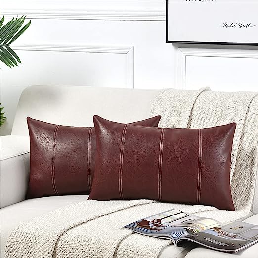 2 Packs Brown Boho Lumbar Faux Leather Decorative Throw Pillow Covers 12x20 Inch