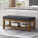 Large Rectangular Upholstered Tufted Linen Fabric Ottoman Bench, Padded Bench