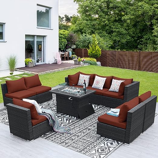 Large Size PE Rattan Outdoor Patio Furniture Sectional Sofa Sets with Fire Pit Table