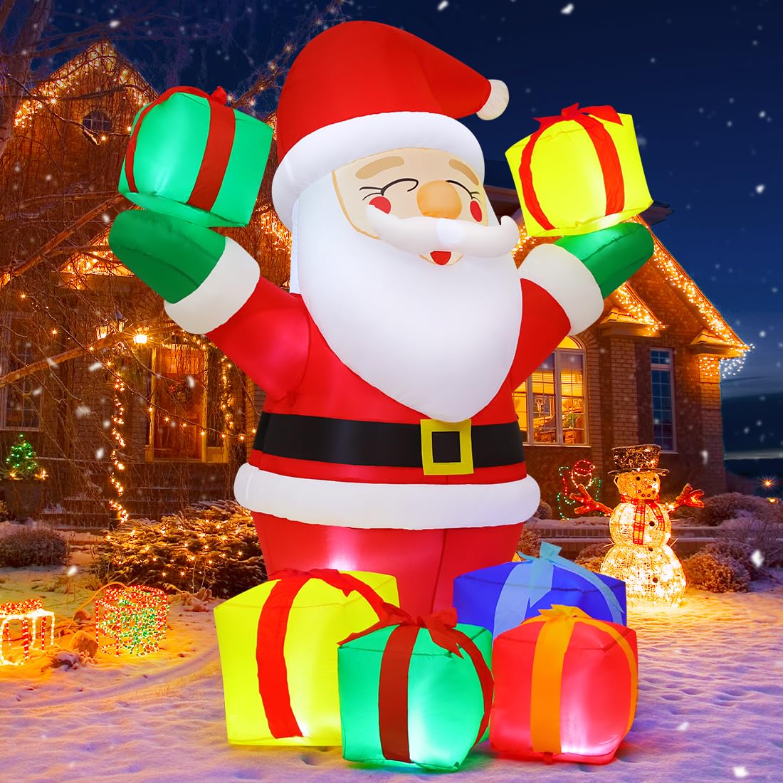 6.1FT Christmas Santa inflatable with LED lights in a decorated yard.