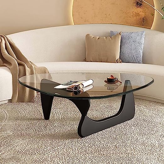 Triangle Coffee Table, Mid-Century Modern Coffee Table Wood Base Glass top, Abstract Glass Coffee Table
