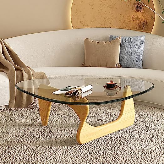 Triangle Coffee Table, Mid-Century Modern Coffee Table Wood Base Glass top